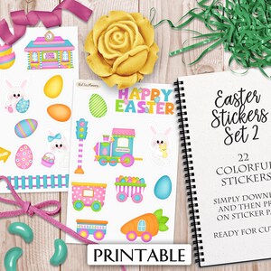 May include: Printable Easter stickers set with 22 colorful designs. The stickers feature Easter eggs, bunnies, a train, a church, and a sign that says "Easter Island".