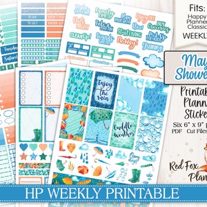 May Showers Happy Planner (HP) Autocollants hebdomadaires imprimables, gouttes de pluie, pluie, flaques d’eau, bottes de pluie, eau, nuages, ciel nuageux, printemps