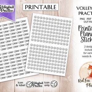 Pode incluir: Adesivos imprimíveis para planejadores com um design de voleibol. Os adesivos são em preto e branco e vêm em duas folhas. As folhas são etiquetadas como "Volleyball Practice" e "Icon only".