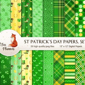ST PATRICK’S DAY Set #1 Digital Paper Pack, 20 Quantité, trèfle à quatre feuilles, trèfle à 4 feuilles, trèfles, pot d’or, botte de lutin, pièce d’or