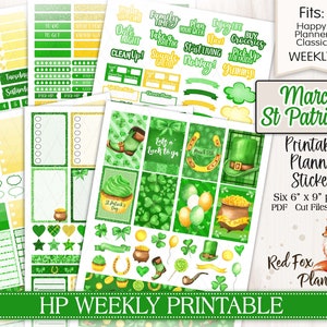 May include: Printable planner stickers featuring a St. Patrick's Day theme. The stickers are green, gold, and white with shamrocks, pots of gold, and leprechauns. The stickers are designed to fit the Happy Planner Classic Weekly size.