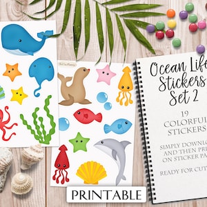 May include: Printable ocean life stickers set of 19 colorful designs. Includes sea creatures like a whale, octopus, starfish, seahorse, and more.  Download and print on sticker paper.  Ready for cutting.