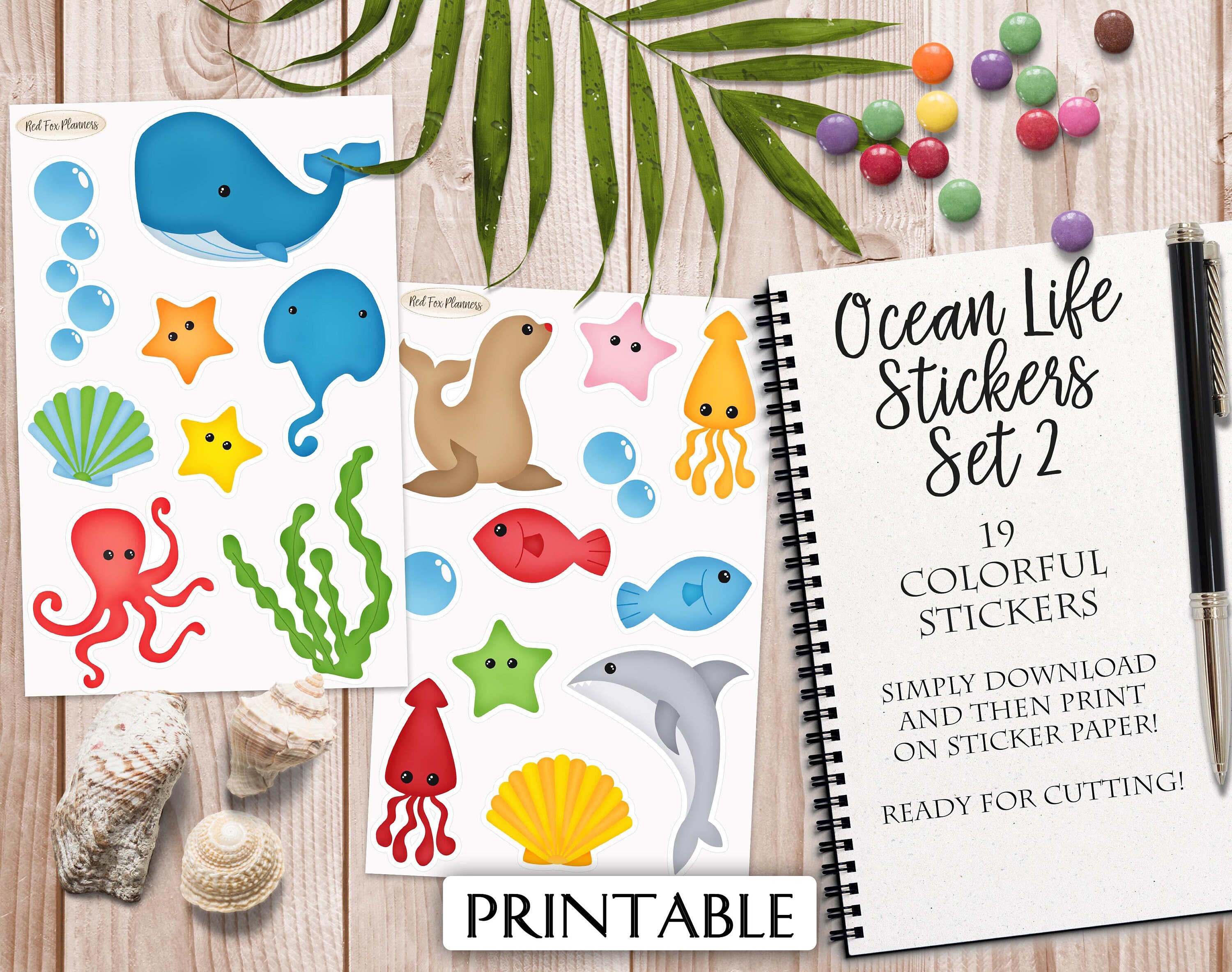 OCEAN LIFE Stickers set 2, 19 Digital Printable Stickers, Instant