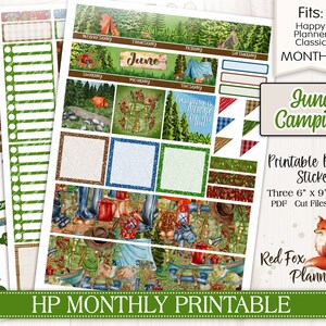 May include: Printable planner stickers for the Happy Planner Classic monthly layout. The stickers feature a June camping theme with a woodland scene, a tent, and a fox. The text "June Camping" is in green text on a brown background.