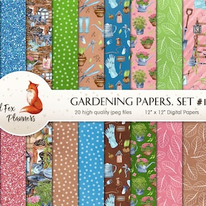 May include: A set of 20 digital papers featuring gardening themed illustrations. The papers include a variety of patterns, including polka dots, stripes, and floral designs. The papers are 30.5 cm by 30.5 cm and are perfect for scrapbooking, card making, and other crafting projects.