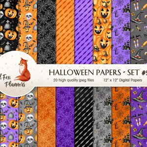 HALLOWEEN Set #2 Digital Paper Pack, 20 Quantity, spookhuis, heks, bezemsteel, graftuin, spinnenweb, grafsteen, pompoen, snoep