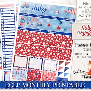PATRIOTIC Erin Condren Life Planner (ECLP) Printable Monthly Planner Stickers, July 4th, Independence Day, American, USA, Patriotic, Flags