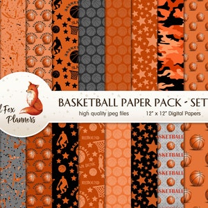 BASKET-BALL Set #2 Digital Paper Pack, 20 Quantité, cerceaux, panier, balle, terrain de basket-ball, sports universitaires, backboard, autocollants b-ball, étoiles