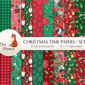クリスマス タイム セット #1 デジタル ペーパー パック、数量 20、ポインセチア、小人、小人、キャンディ ケイン、ギフト、プレゼント、松の木、ヤドリギ