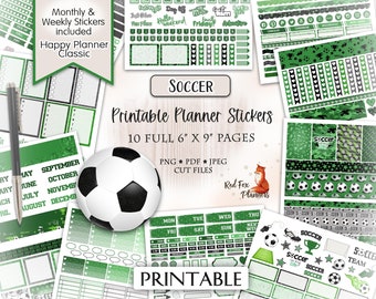 May include: Printable planner stickers with a soccer theme. The stickers are green and black with white soccer balls and other soccer-related designs. The stickers are 6 inches by 9 inches and come in 10 sheets. The stickers are for use with a Happy Planner.