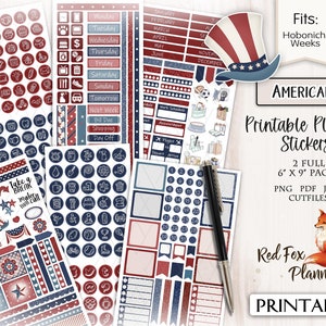 AMERICANA Hobonichi Weeks Printable Planner Sticker Kit, 4 juillet, Independence Day, vintage America, USA, Patriotic, Red White Blue