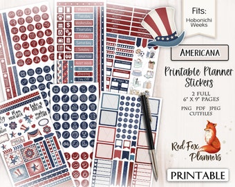 Pode incluir: Adesivos de planejador imprimíveis em vermelho, branco e azul com um tema patriótico. Os adesivos apresentam estrelas, listras e outros designs americanos. Os adesivos são projetados para se ajustar aos planejadores Hobonichi Weeks. O texto "AMERICANA Printable Planner Stickers" é exibido na imagem.
