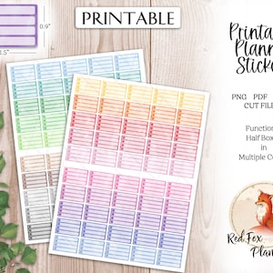 May include: Printable planner stickers in multiple colors, including blue, green, orange, pink, purple, and brown. The stickers are functional half boxes with space for writing. The image includes the text "Printable Planner Stickers", "PNG PDF JPEG CUT FILES", "Functional Half Boxes in Multiple Colors", and "Red Fox Planners".