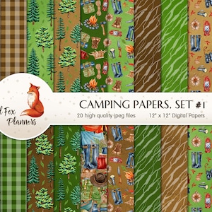 CAMPING Set #1 Digital Paper Pack, 20 Quantité, extérieur, bois, pins, tente, hache, randonnée, nature, plaid de buffle, chasse, camping