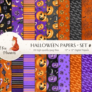 HALLOWEEN Set #1 Digital Paper Pack, 20 Quantity, spookhuis, heks, bezemsteel, grafwerf, spinnenweb, grafsteen, jack-o-lantern