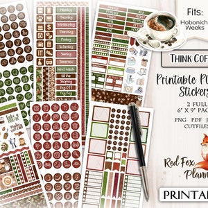 Könnte beinhalten: Druckbare Planer-Aufkleber mit Kaffeethema. Die Aufkleber sind in Braun, Grün und Weiß mit Kaffeetassen, Kaffeebohnen und anderen kaffeebezogenen Designs. Die Aufkleber sind für Hobonichi Weeks-Planer konzipiert. Der Text "THINK COFFEE" und "Druckbare Planer-Aufkleber" ist im Bild enthalten.