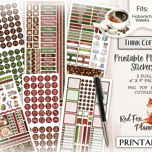 THINK COFFEE Hobonichi Weeks Printable Planner Sticker Kit, cappuccino, latte, java, grain de café, infusion, feuilles de thé, crème, tasse de café