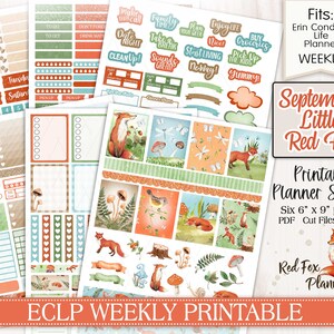Septiembre Little Red Fox Erin Condren (ECLP) Weekly Printable Planner Stickers, naturaleza, animales del bosque, aire fresco, otoño, otoño, mariposa