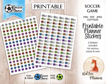 May include: Printable planner stickers featuring soccer balls in various colors with the text "Soccer Game". Two designs are included: one with the text and one without. The stickers are designed for various needs and uses.
