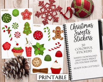 CHRISTMAS SWEETS Stickers 20 Digital Printable stickers, instant download, planner journal stationary, decal, cupcake, candy cane, cookies