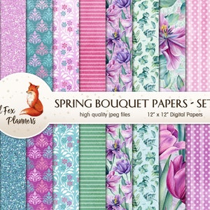 SPRING BOUQUET Set #2 Digital Paper Pack, 20 Quantité, lilas, lavande, lys, tulipe, fleur pourpre, fleur de Pâques, eucalyptus, plantes