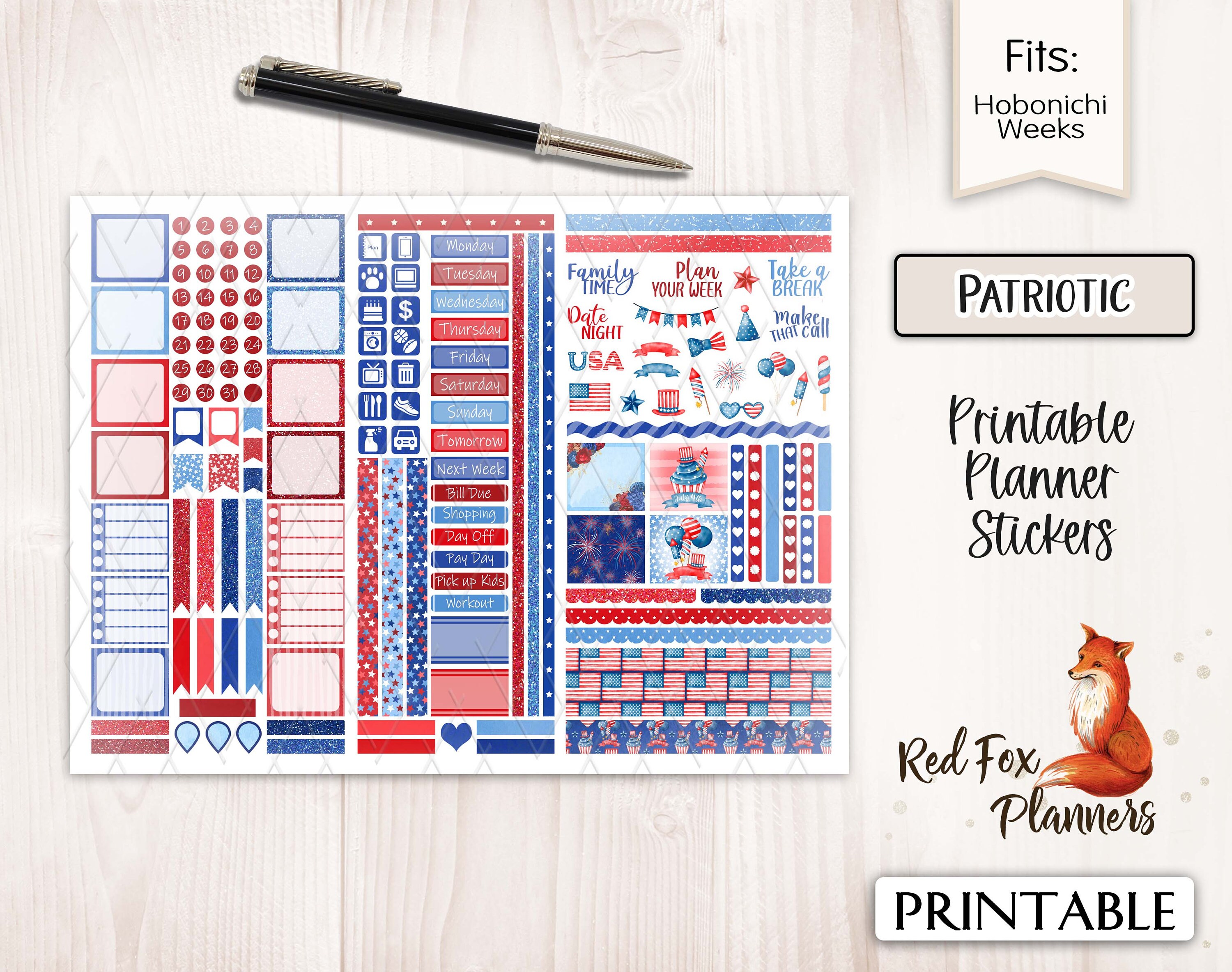 PATRIOTIC Hobonichi Weeks Printable Planner Sticker Kit, July 4th ...