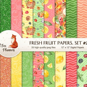 FRESH FRUIT Set #2 Digital Paper Pack, 20 Quantité, pommes, oranges, cerise, baies, fraise, myrtille, ananas, pêche, citron, citron vert