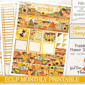 SEPTEMBER HONINGBIJ Fox Erin Condren (ECLP) Maandelijks Afdrukbare Planner Stickers, honing potkam, bijenkorf hommel, zonnebloem, druipende honing