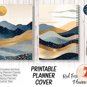 May include: Printable planner cover featuring a landscape with blue and gold mountains, a sun, and gold glitter. The text "Printable Planner Cover" and "Red Fox Planners" is also included.
