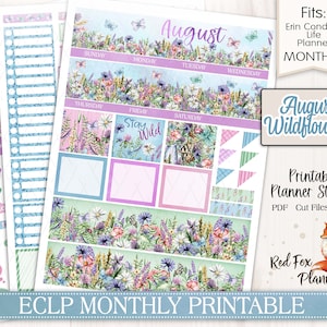 May include: Printable planner stickers for August featuring a watercolor floral design with butterflies and the text "Stay Wild". The stickers are designed to fit Erin Condren Life Planners and are available in PDF, cut files, and PNG formats.