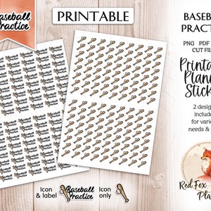 May include: Printable planner stickers featuring two designs: a baseball bat and ball icon and a text label that says "Baseball Practice". The stickers are on a white background and are perfect for adding a touch of baseball fun to your planner.