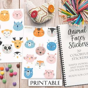 ANIMAL FACES Stickers, 20 Digital Printable stickers, instant download, planner, journal, stationary, decals, cat, dog, racoon, fox, bear
