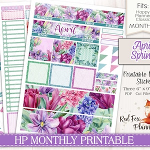 Könnte beinhalten: Druckbare Planer-Aufkleber für das Happy Planner Classic Monatslayout. Die Aufkleber zeigen ein florales Design mit Tulpen, Hyazinthen und anderen Frühlingsblumen in Rosa-, Lila- und Grüntönen. Der Text "April Frühling" ist auf dem Aufkleberbogen abgebildet.
