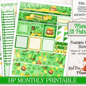 May include: Printable planner stickers for March, featuring a St. Patrick's Day theme. The stickers are green and gold with shamrocks, pots of gold, and leprechaun hats. The stickers are designed to fit the Happy Planner Classic Monthly size.