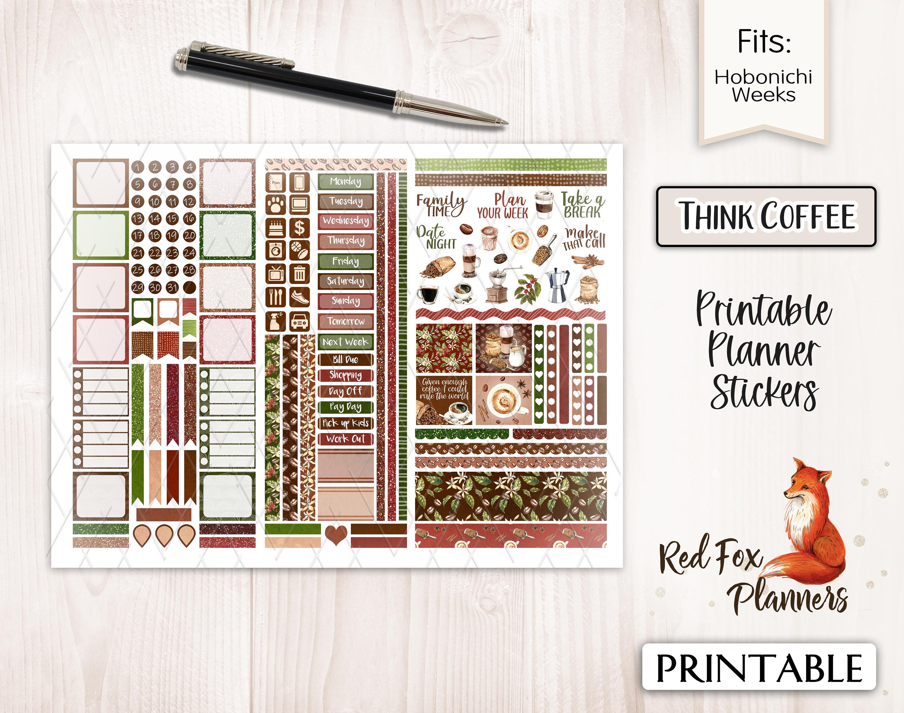 THINK COFFEE Hobonichi Weeks Printable Planner Sticker Kit - Etsy