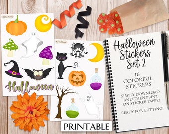 HALLOWEEN Stickers (Set #2) 16 Digital Printable stickers, instant download, planner journal stationary, decal, witch hat, bat, moon, potion
