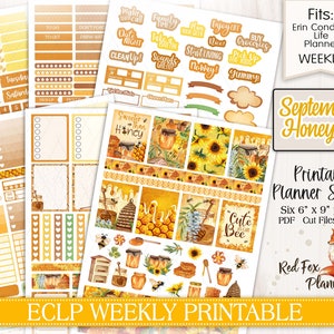 SEPTEMBER HONINGBIJ Erin Condren (ECLP) Wekelijks Afdrukbare Planner Stickers, honingpotkam, bijenkorf, hommel, zonnebloemen, druipende honing