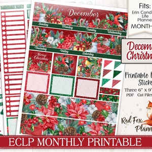 DECEMBER KERSTMIS Erin Condren (ECLP) Maandelijks Afdrukbare Planner Stickers, poinsettia, pijnboom, geschenken, kerstmis, feestdagen, geschenken, kardinaal