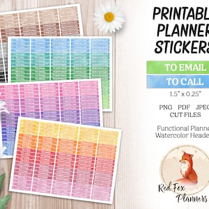 May include: Printable planner stickers with watercolor headers in various colors. The stickers are 1.5 inches by 0.25 inches and include the text "To Email", "To Call", "Postponed", "Cancelled", and "Rescheduled".