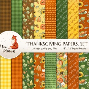 THANKSGIVING Set #1 Digital Paper Pack, 20 Quantité, automne, automne, dinde, tarte à la citrouille, corne d’abondance, pommes, feuilles, farce, pèlerin
