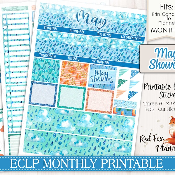 May Showers Erin Condren (ECLP) Monthly Printable Planner Stickers, raindrops, rain, puddles, rain boots, water, clouds, cloudy sky, spring