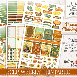 NOVEMBRE RINGRAZIAMENTO Erin Condren (ECLP) Adesivi settimanali stampabili Planner, raccolto, autunno, torta di zucca, tacchino, mais, cornucopia, mele