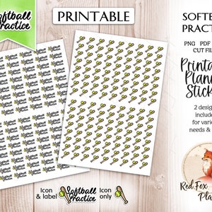 Op de afbeelding: Twee vellen met printbare planner stickers met een softball en knuppel ontwerp. Eén vel heeft de tekst "Softball Practice" herhaald op elke sticker. Het andere vel heeft een enkel softball en knuppel pictogram op elke sticker. De tekst "Printbare Planner Stickers" is ook in de afbeelding opgenomen.