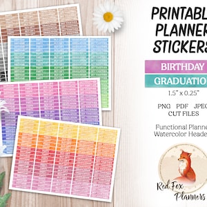 May include: Printable planner stickers with watercolor headers in various colors. The stickers are 1.5 inches by 0.25 inches and feature the words "Birthday", "Party", "Buy Gift", "Graduation", and "Get Together".
