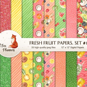 FRESH FRUIT Set #1 Digital Paper Pack, 20 Quantité, pommes, oranges, cerise, baies, fraise, myrtille, ananas, pêche, citron, citron vert