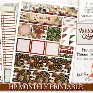 Könnte beinhalten: Druckbare Planer-Aufkleber mit Kaffeemotiv. Die Aufkleber zeigen Kaffeetassen, Bohnen und den Text "January Coffee". Enthält To-Do-Listen, Kalenderdaten und dekorative Elemente. Das Design ist in Braun-, Grün- und Weißtönen gehalten.