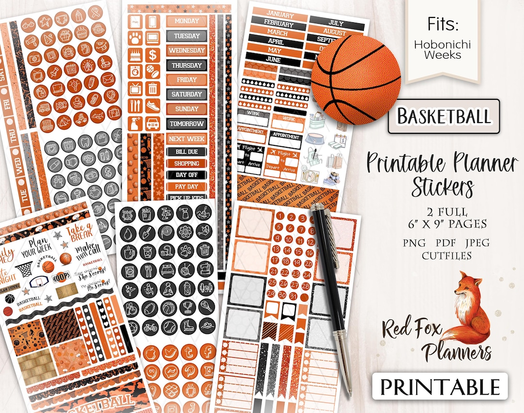 BASKETBALL Hobonichi Weeks Printable Planner Sticker Kit, Sports