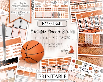 BASKETBALL Happy Planner Printable Planner Sticker Kit, hoops, basket, ball, basketball court, NBA, college, net, backboard, b-ball stickers