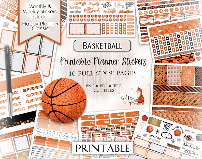 BASKETBALL Happy Planner Printable Planner Sticker Kit, Hoops, Basket, Ball, Basketball Court