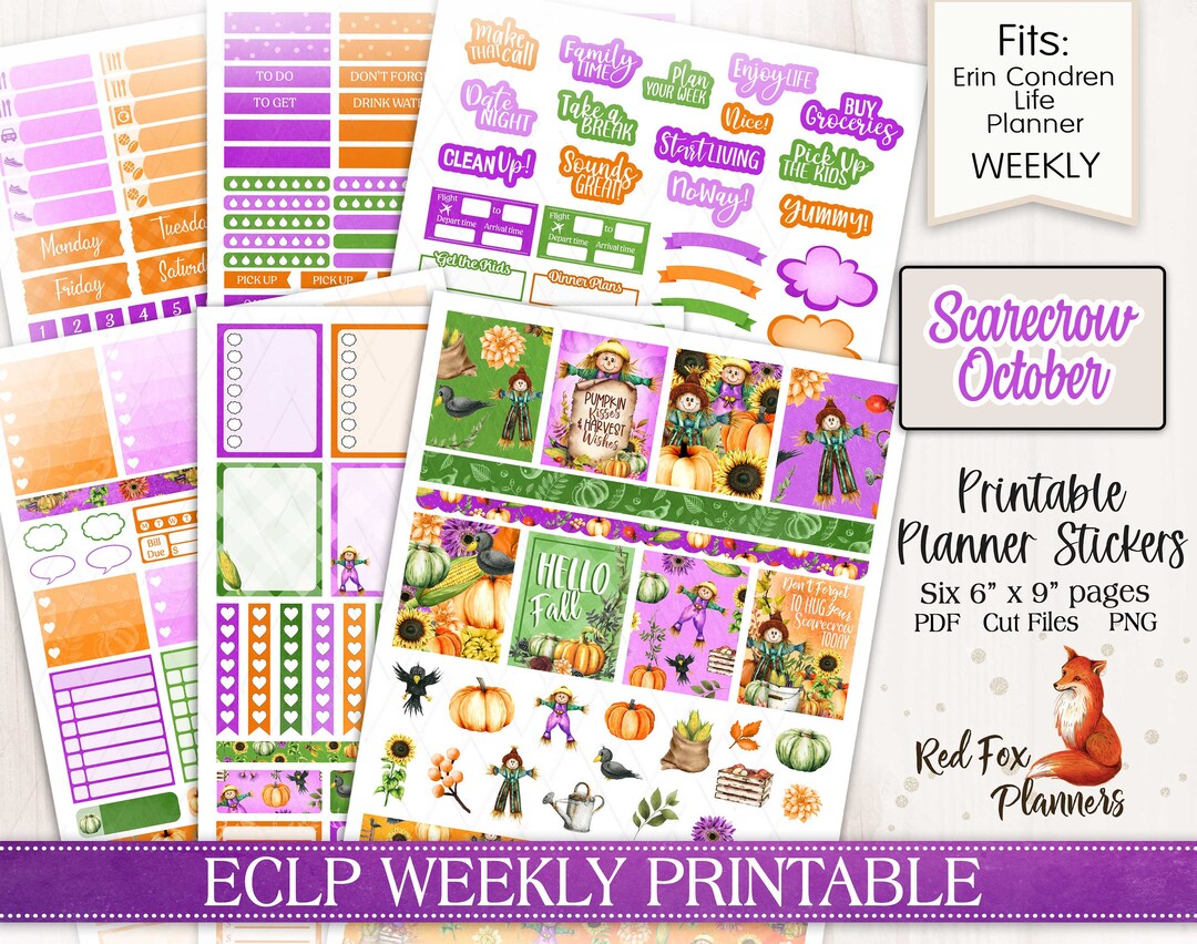 SCARECROW OCTOBER Erin Condren (ECLP) Weekly Printable Planner Stickers ...